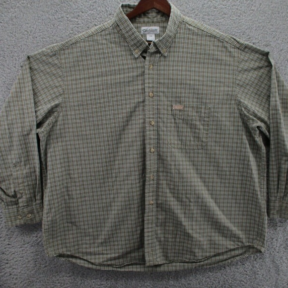 Carhartt Long Sleeve Shirt Gingham Plaid Mens 2XL XXL Green Yellow Western - Picture 2 of 13